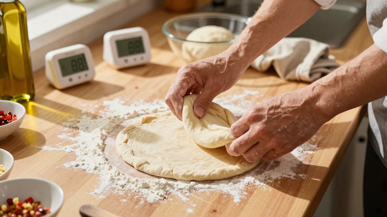 Mãos abrindo massa de pizza sobre bancada de madeira com farinha espalhada e tigelas de ingredientes.