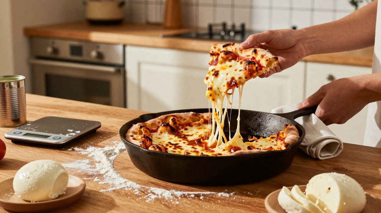 Mãos seguram fatia de pizza de queijo derretido saindo de frigideira em cozinha.