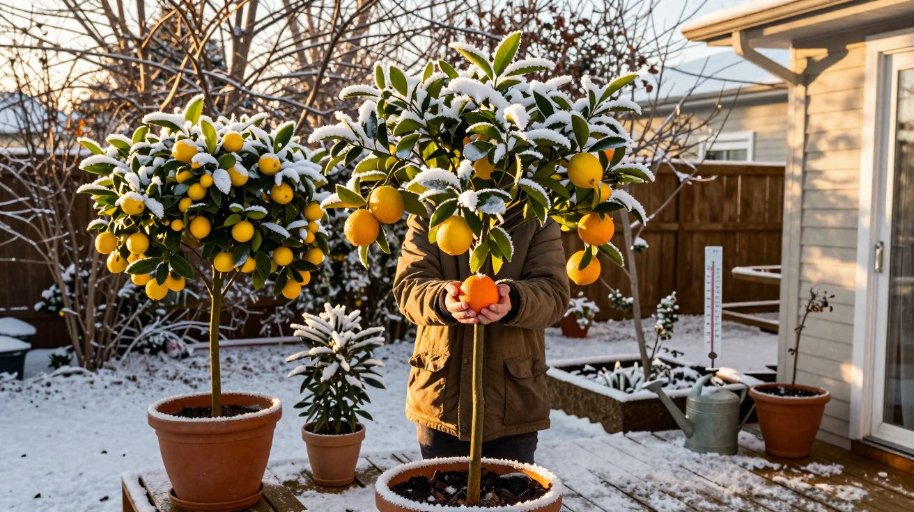 Pessoa segurando ramo de laranjas com folhas e frutas cobertas de neve em jardim no inverno.