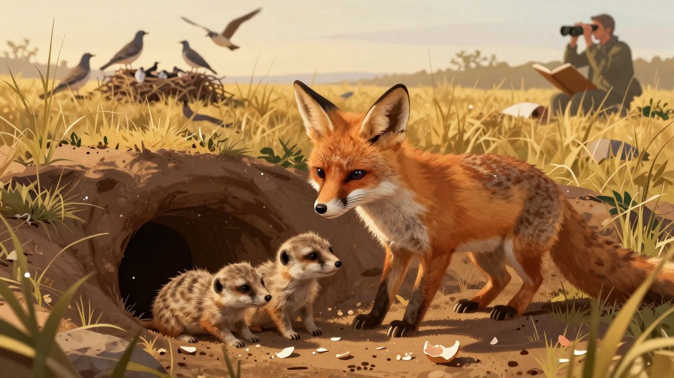 Raposa adulta com dois suricatos jovens perto da toca em campo aberto, observados por um homem com binóculos.