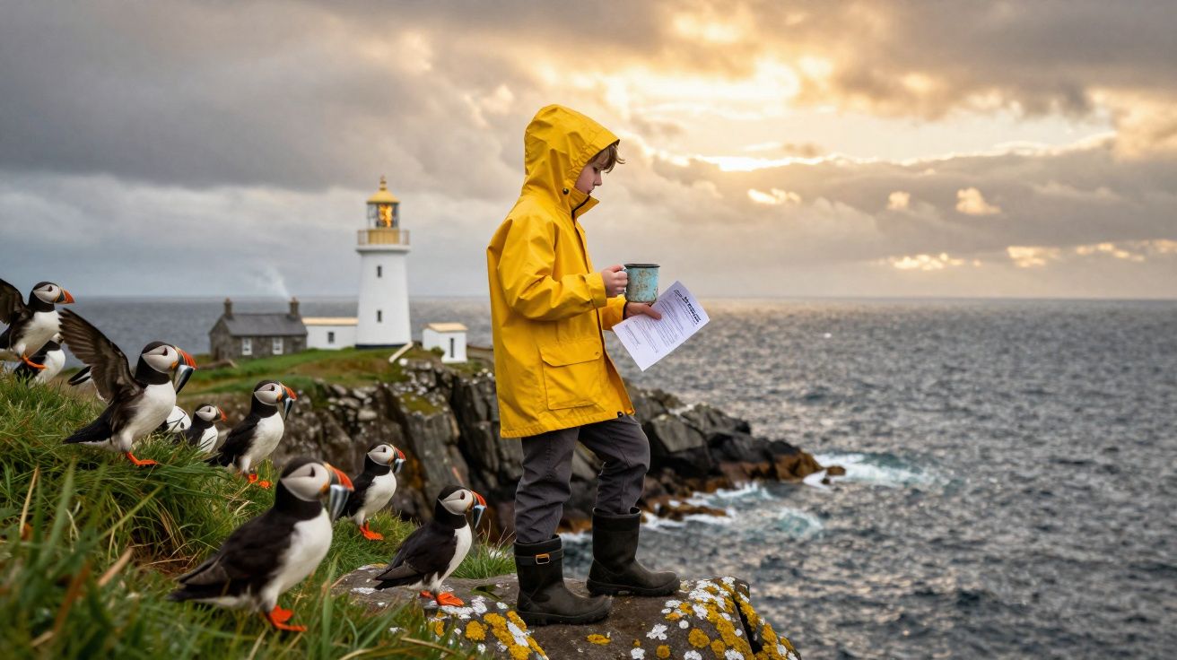 Criança com impermeável amarelo segura caneca e papel perto de pássaros e farol à beira-mar ao entardecer.