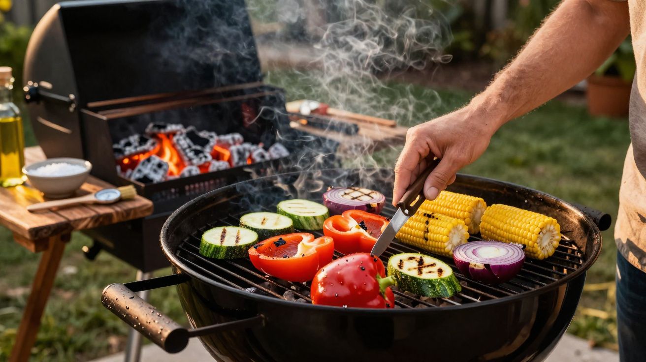 Pessoa grelhando legumes diversos em churrasqueira a carvão em área externa.
