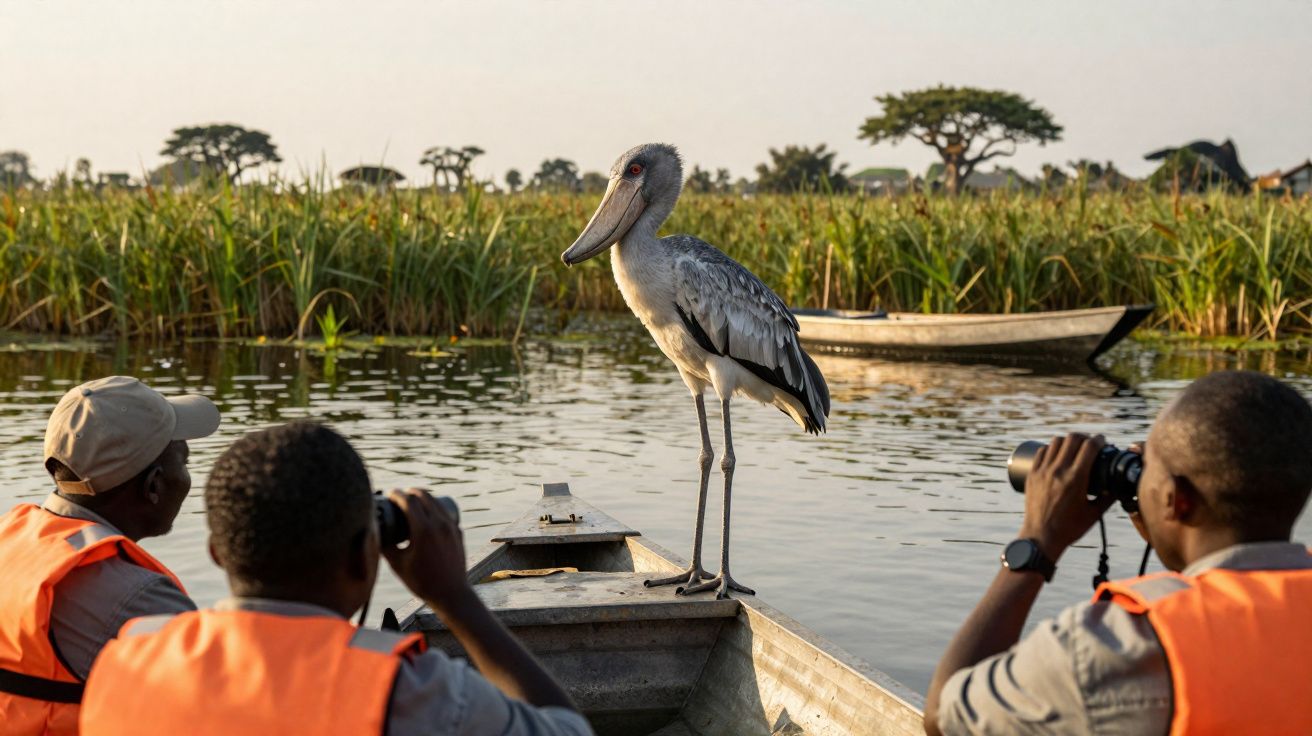 Pássaro grande sobre barco com três pessoas de colete laranja observando-o com binóculos em rio tranquilo.