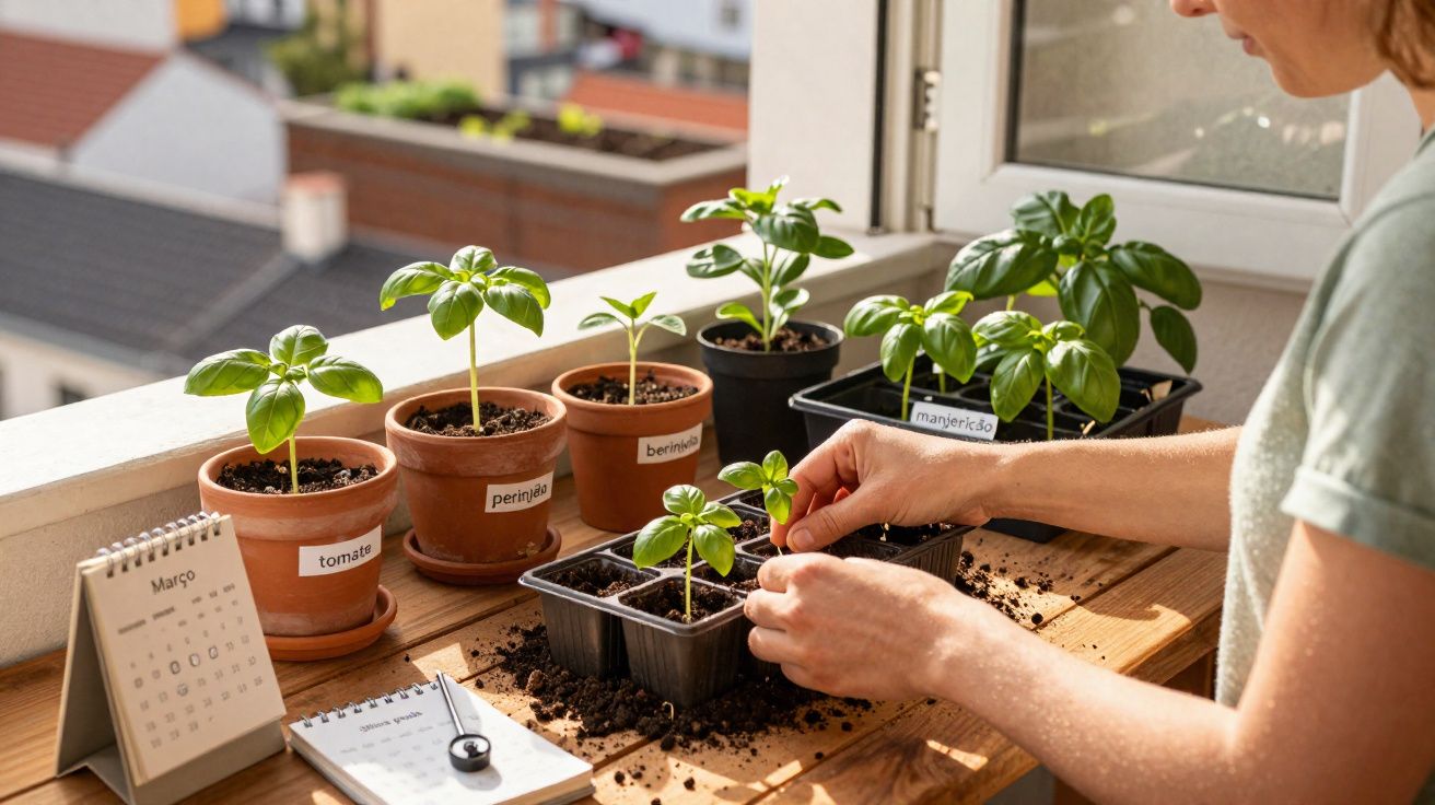 Pessoa cuidando de mudas de plantas em vasos na varanda ensolarada com calendário de março ao lado.