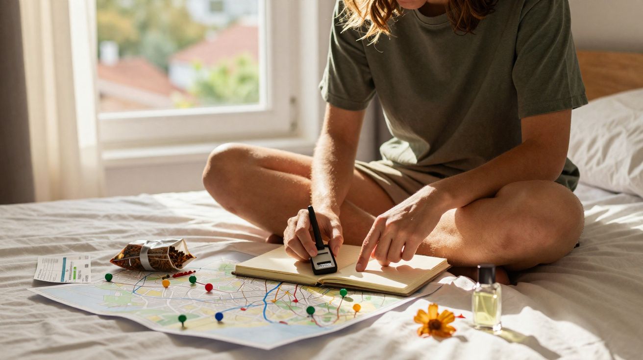 Pessoa sentada na cama planeja viagem com mapa, alfinetes coloridos, caderno e câmera fotográfica.