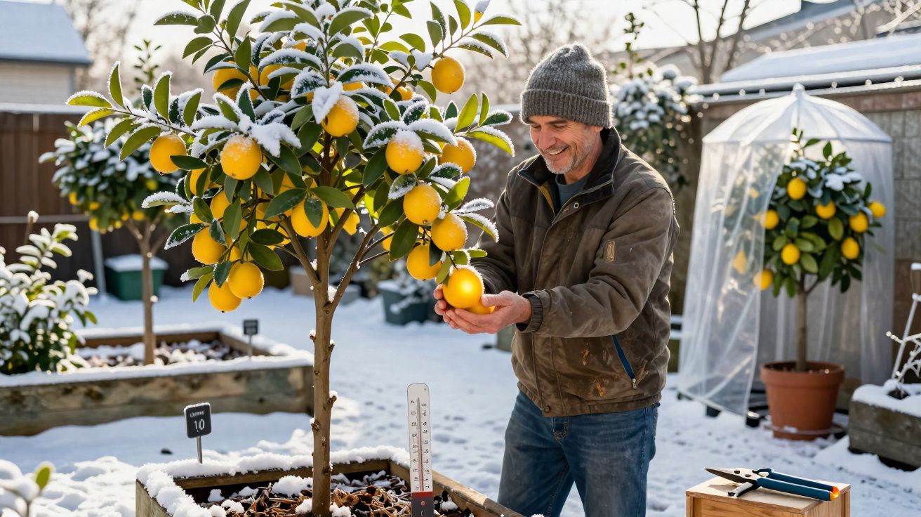 Homem colhendo laranjas em árvore coberta de neve em jardim com termômetro e ferramentas.
