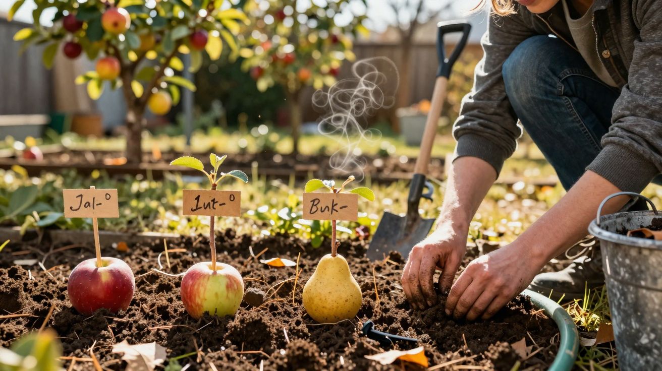 Pessoa plantando muda em horta com três frutas marcadas em terra ao lado de pá e regador.