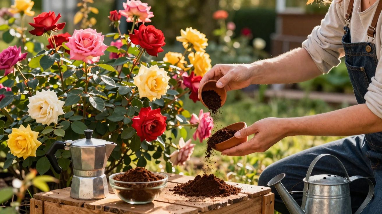 Pessoa preparando café com terra em vaso próximo a arbusto florido de rosas vermelhas, amarelas e rosas num jardim.