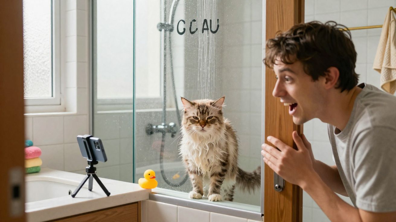 Gato molhado na banheira sendo filmado por smartphone enquanto homem observa animado atrás da porta do banheiro.