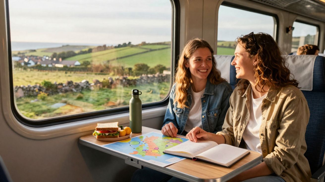 Duas mulheres sorrindo e conversando em um trem, com mapa, caderno e lanche na mesa ao lado da janela.