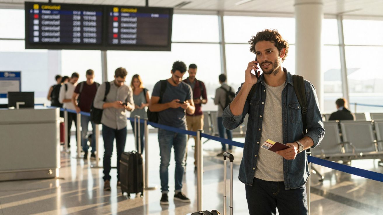 Homem falando ao celular e segurando passaporte na fila do check-in em aeroporto movimentado.