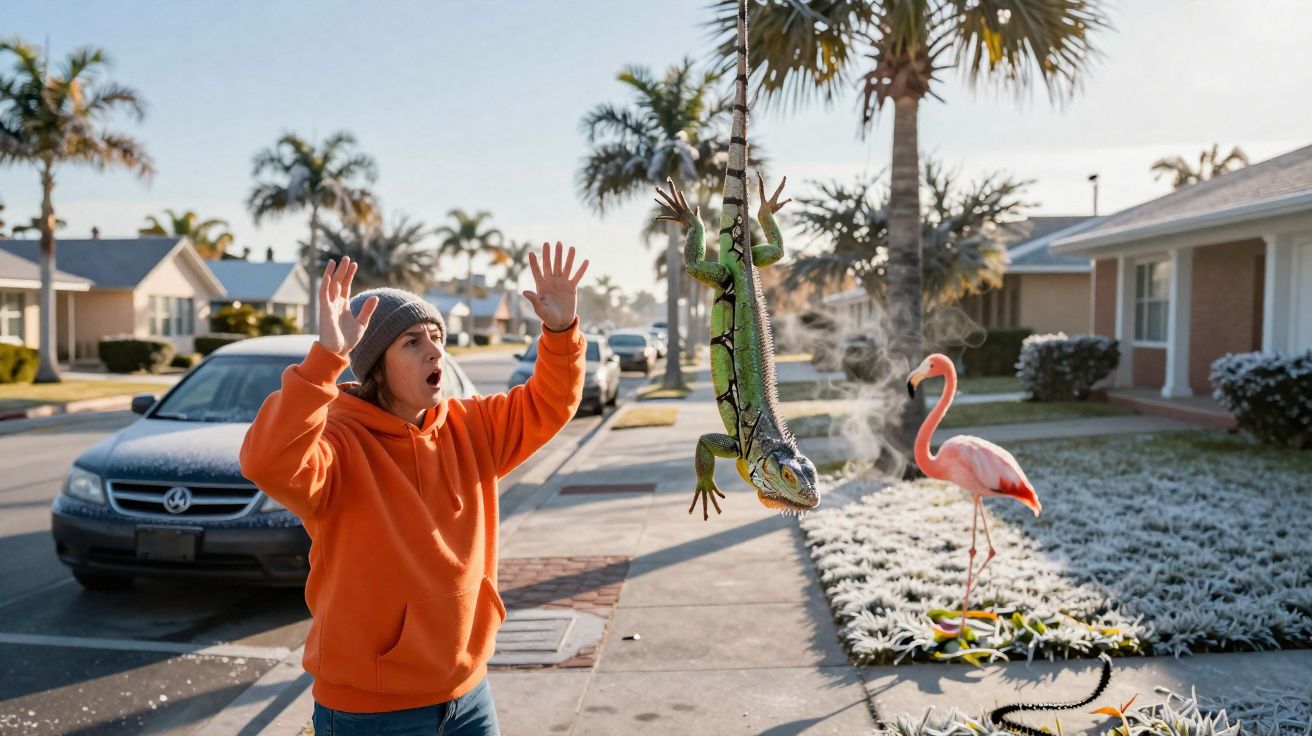 Pessoa surpresa observa iguana verde pendurada por corda, com flamingo rosa e casas ao fundo em rua florida.