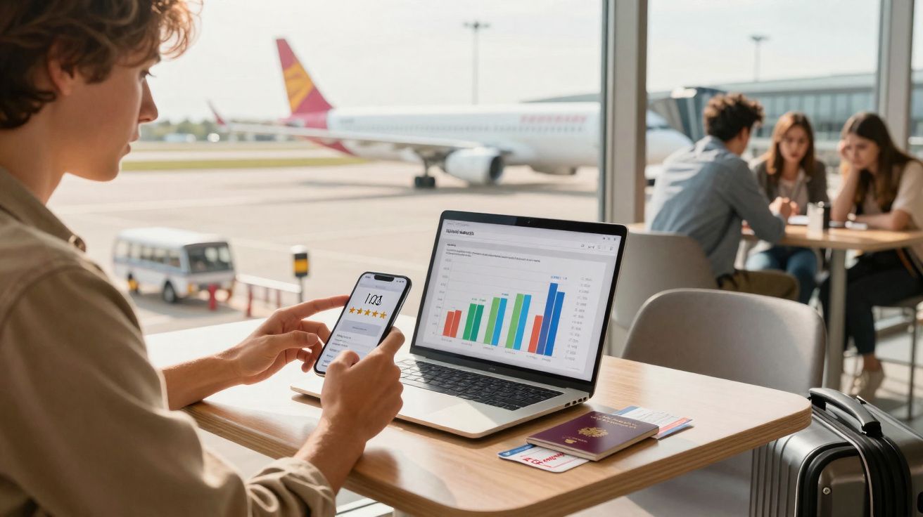 Pessoa usando celular e notebook com gráfico, em mesa de aeroporto, com avião e outras pessoas ao fundo.
