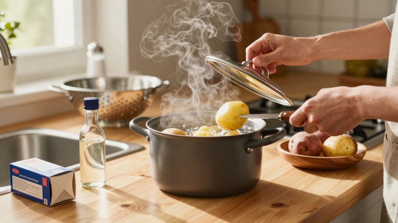 Pessoa cozinhando batatas em panela com tampa em cozinha iluminada e arejada.