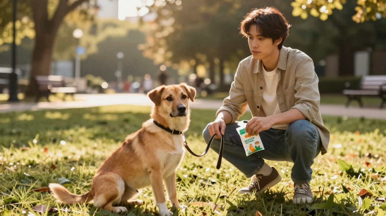 Homem agachado em parque segurando coleira e petisco para cachorro sentado na grama.