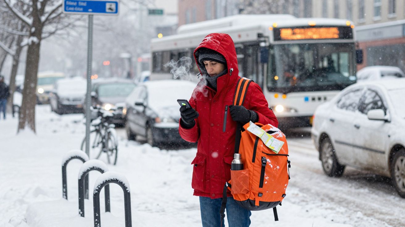Pessoa vestindo casaco vermelho e mochila laranja usando celular na neve em rua com carros e ônibus ao fundo.