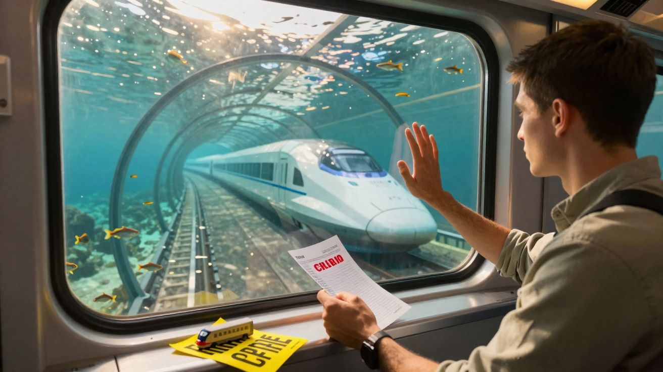 Homem numa janela de trem submarino observa trem rápido passando por túnel subaquático com peixes ao redor.