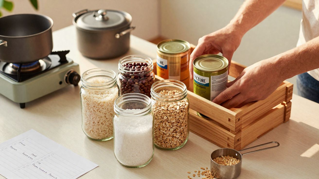 Pessoa organizando enlatados em caixa de madeira, com potes de arroz, feijão, sal e aveia em bancada.
