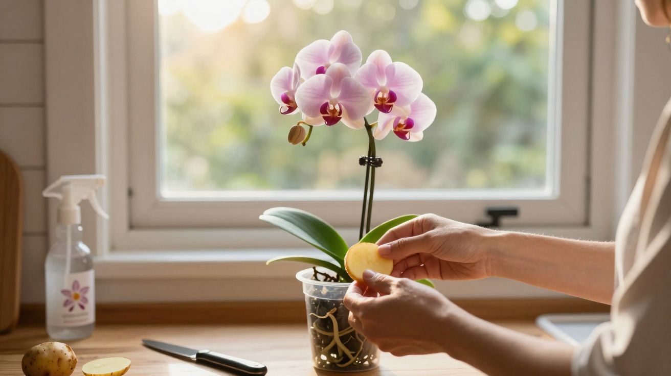 Pessoa cuidando de uma orquídea rosa com fatia de batata em cozinha iluminada pela janela.