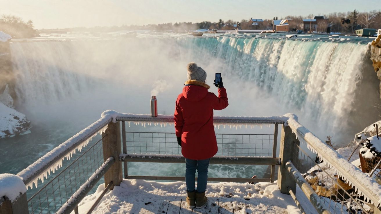 Pessoa com casaco vermelho e gorro tira foto das Cataratas do Niágara congeladas no inverno com garrafa térmica ao lado.