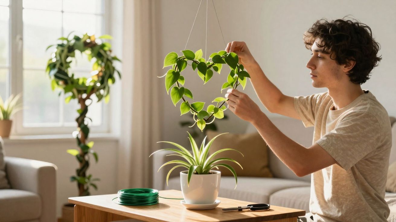 Homem cuidando de planta em formato de coração pendurada em sala iluminada com plantas e sofá ao fundo.