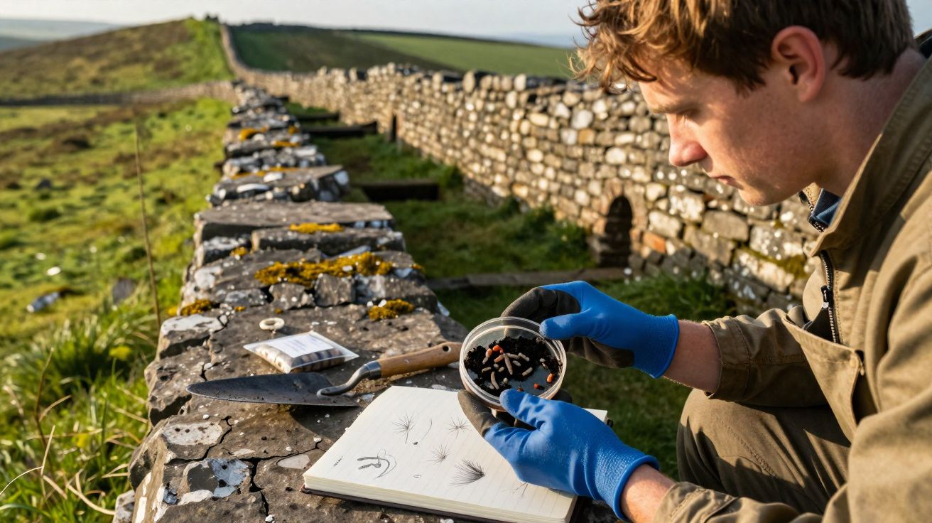 Homem com luvas azuis analisa amostras de insetos em pote próximo a muro de pedra em área rural.