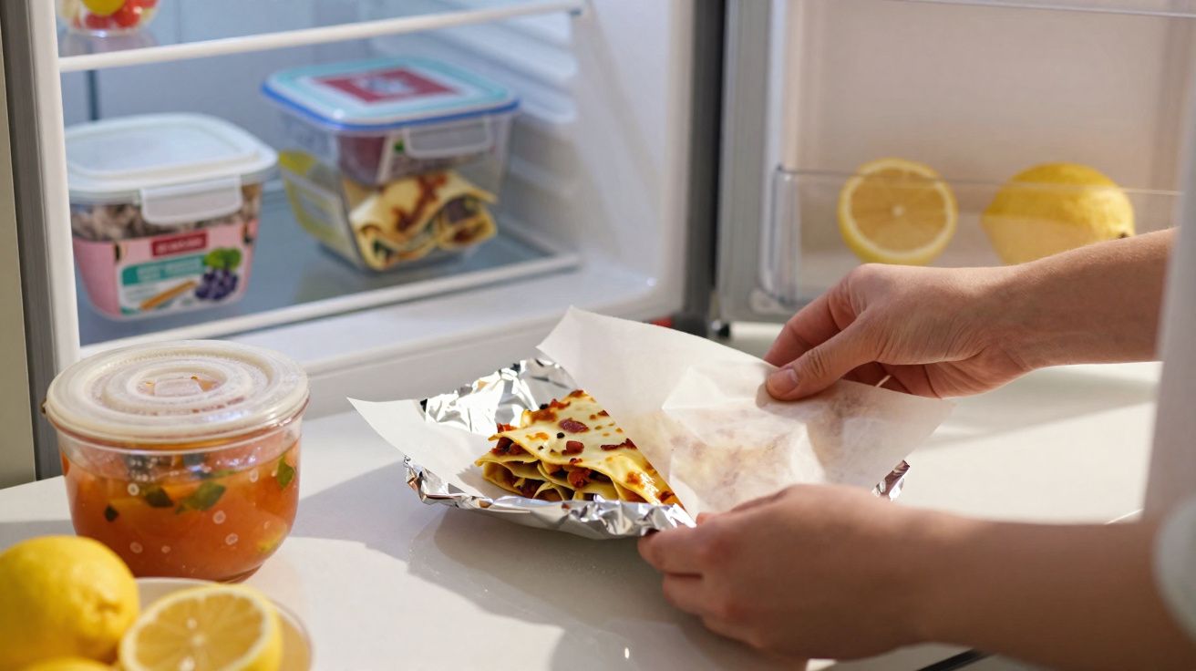Mãos removendo papel manteiga de crepes com pedaços de frutas dentro de geladeira aberta.