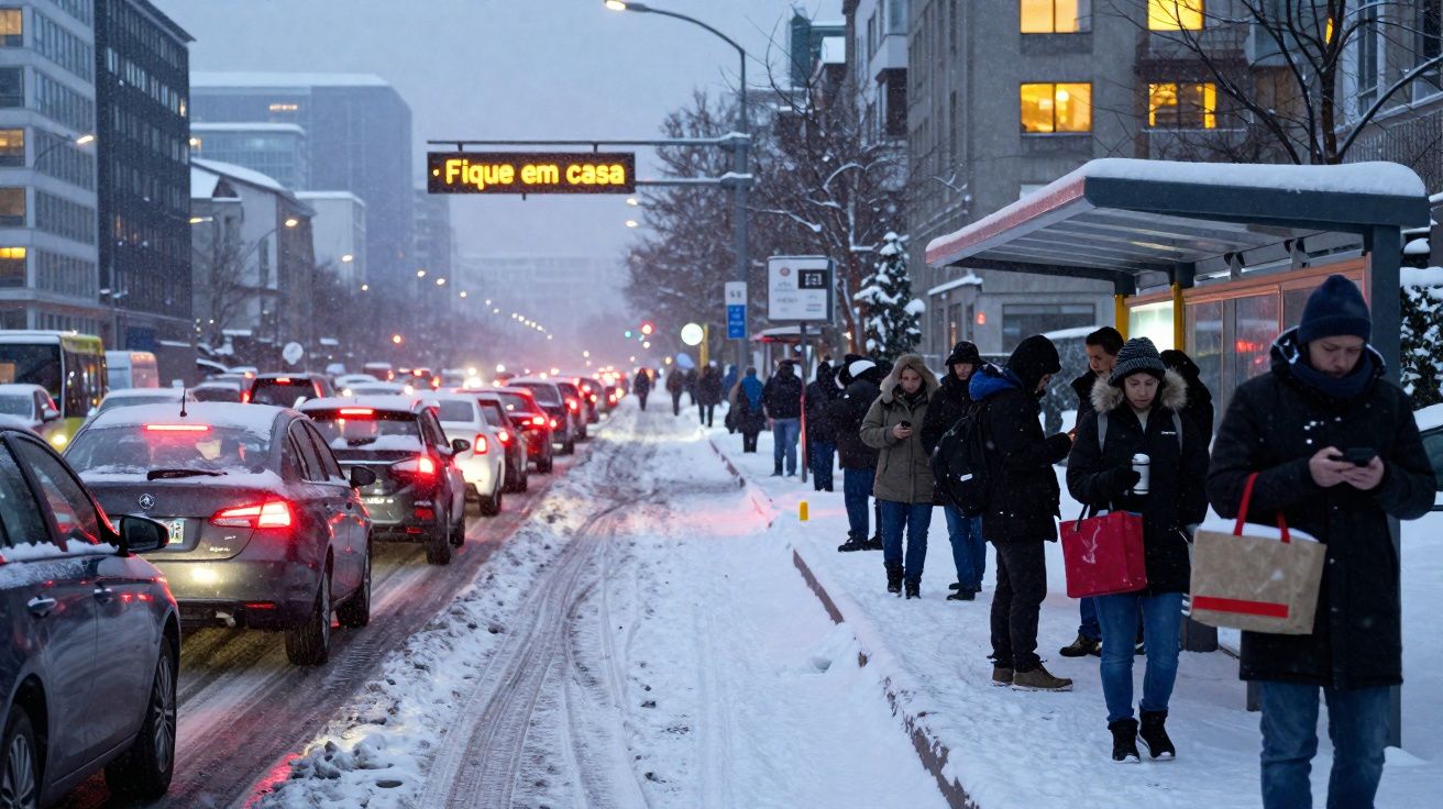 Rua coberta de neve com carros em trânsito lento e pessoas esperando ônibus sob letreiro com mensagem Fique em casa.