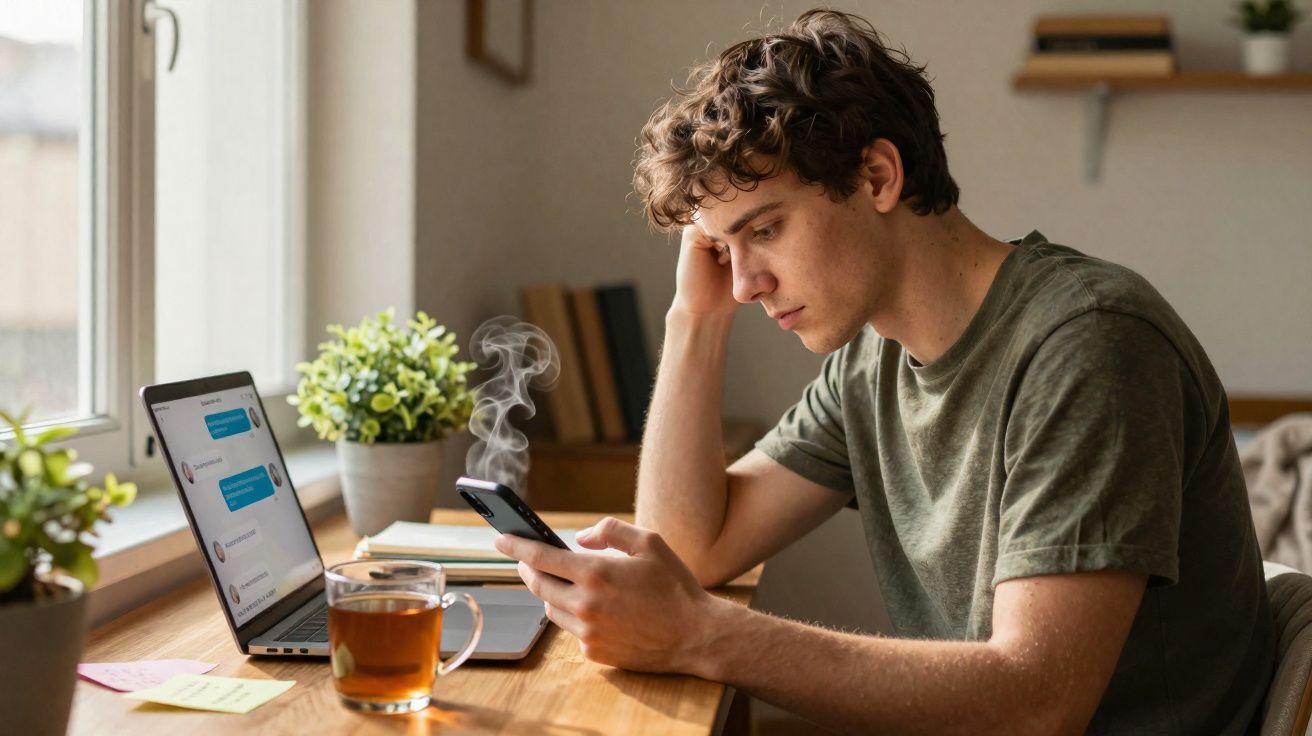 Jovem sentado à mesa com celular na mão, laptop aberto e xícara de chá fumegante ao lado.