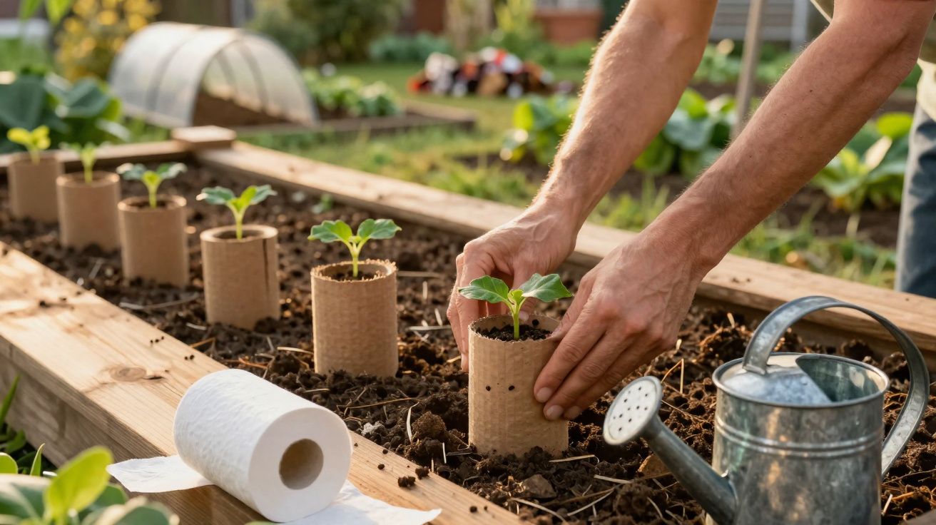 Mãos plantando mudas em tubos de papel no canteiro de jardim com regador e papel toalha ao lado.