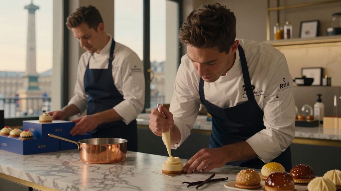 Dois chefs confeiteiros em uniformes decoram sobremesas em cozinha com janela e utensílios ao fundo.