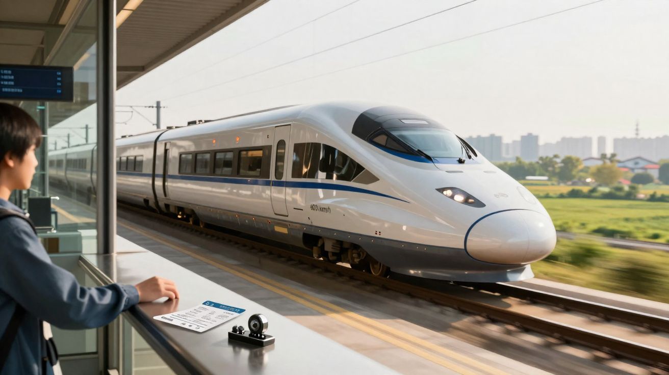 Trem-bala moderno branco passando por plataforma enquanto uma pessoa observa a chegada na estação.