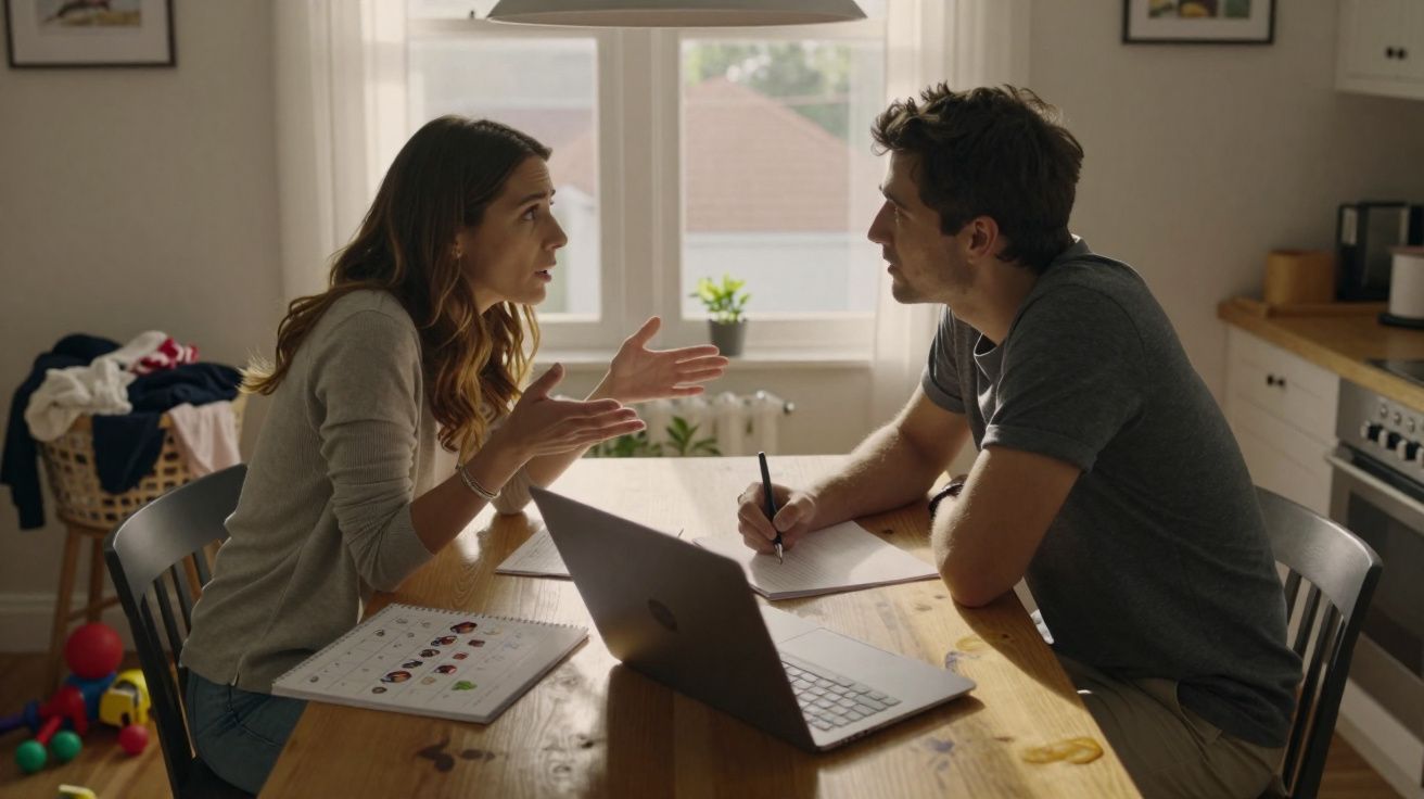 Casal discutindo documentos em mesa de cozinha com laptop e papéis em ambiente iluminado.