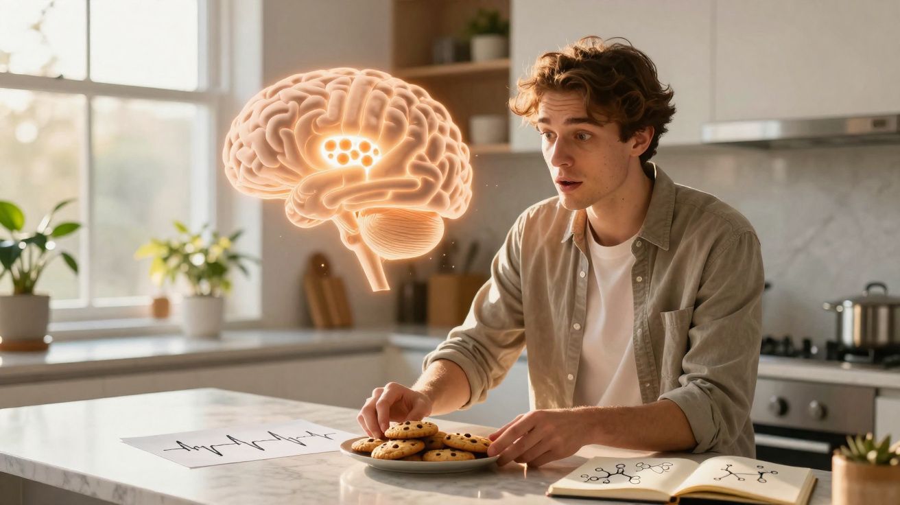 Jovem em cozinha segurando biscoitos, olhando para um cérebro holográfico flutuante à sua frente.
