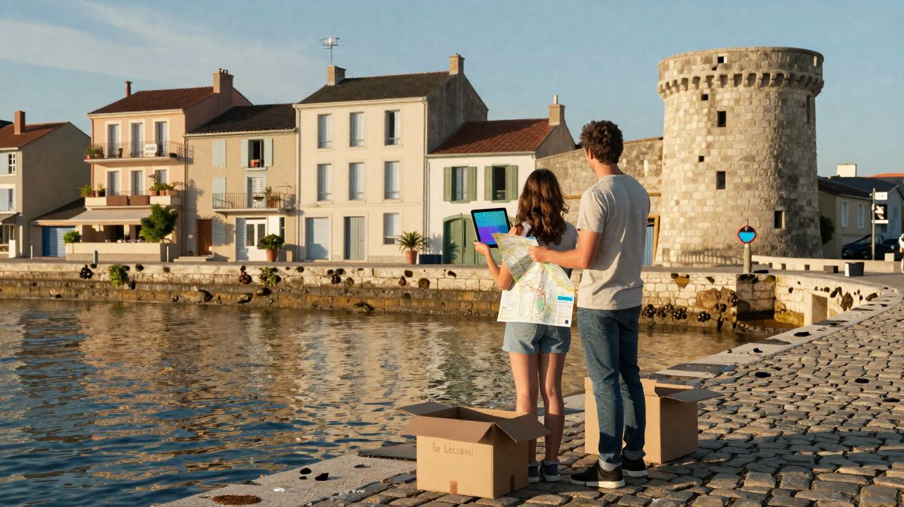 Casal jovem com mapas e tablet em porto charmoso com torre cilíndrica e casas à beira-mar ao entardecer.