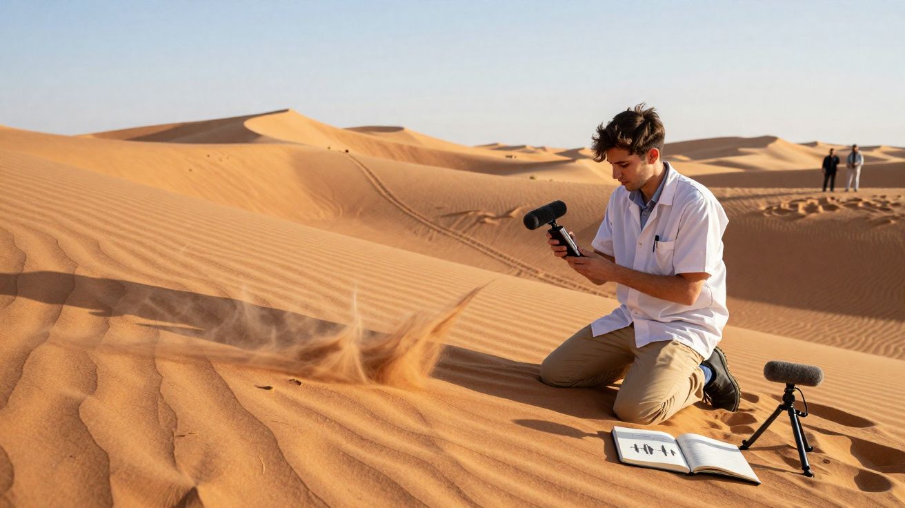 Homem com equipamento de áudio grava som do vento em dunas de areia no deserto.