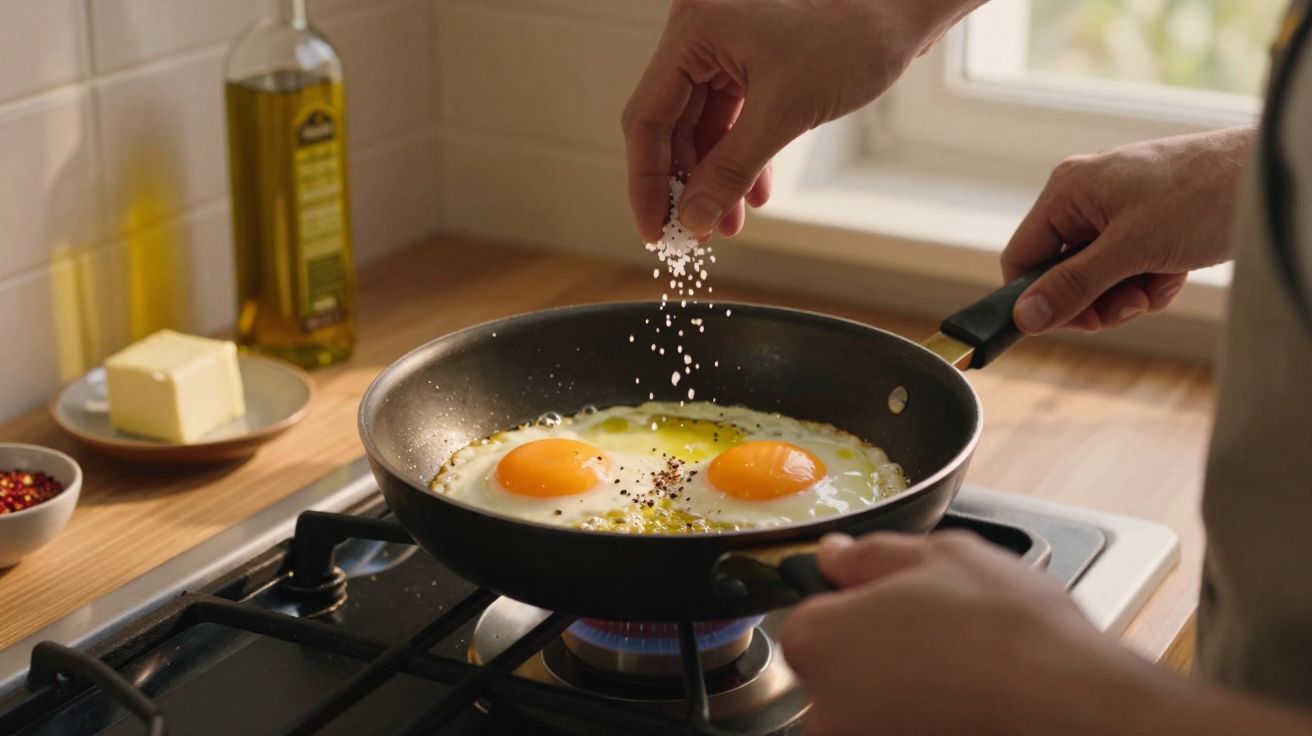 Mãos temperando ovos fritos em frigideira sobre fogão à gás em cozinha iluminada pela luz natural.