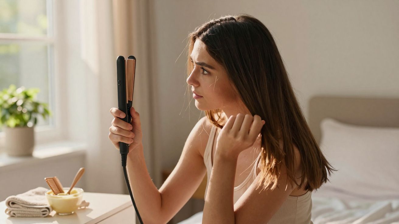 Jovem olhando para o espelho enquanto alisa os cabelos com chapinha em ambiente iluminado.