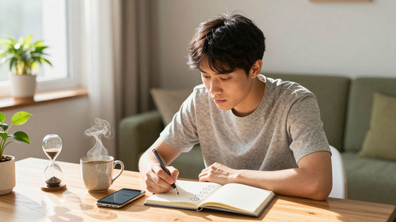 Jovem sentado à mesa escrevendo em caderno, com celular, xícara fumegante e ampulheta ao lado.