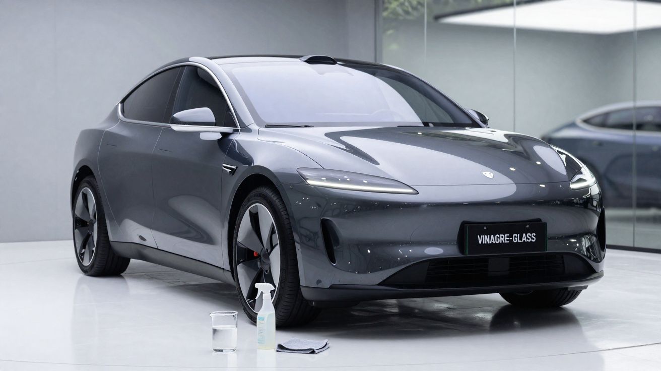 Carro cinza moderno estacionado em ambiente minimalista com espelhos e produtos de limpeza no chão.