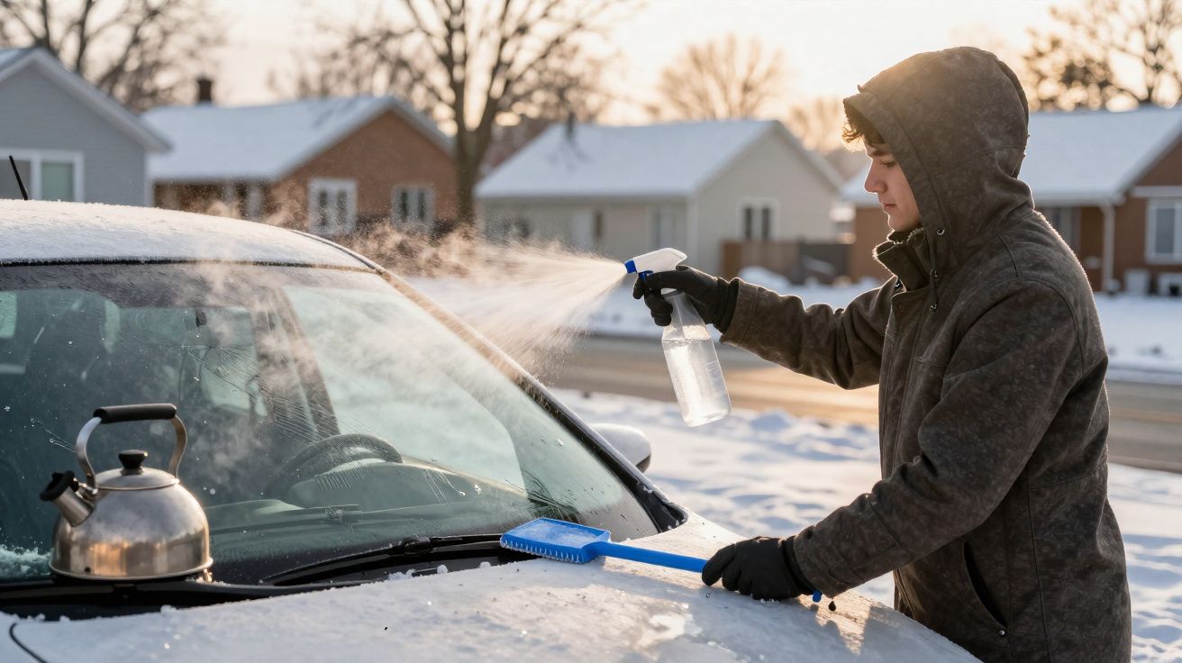 Jovem usando casaco com capuz limpa o gelo do para-brisa de um carro com spray e escova em um dia frio de inverno.