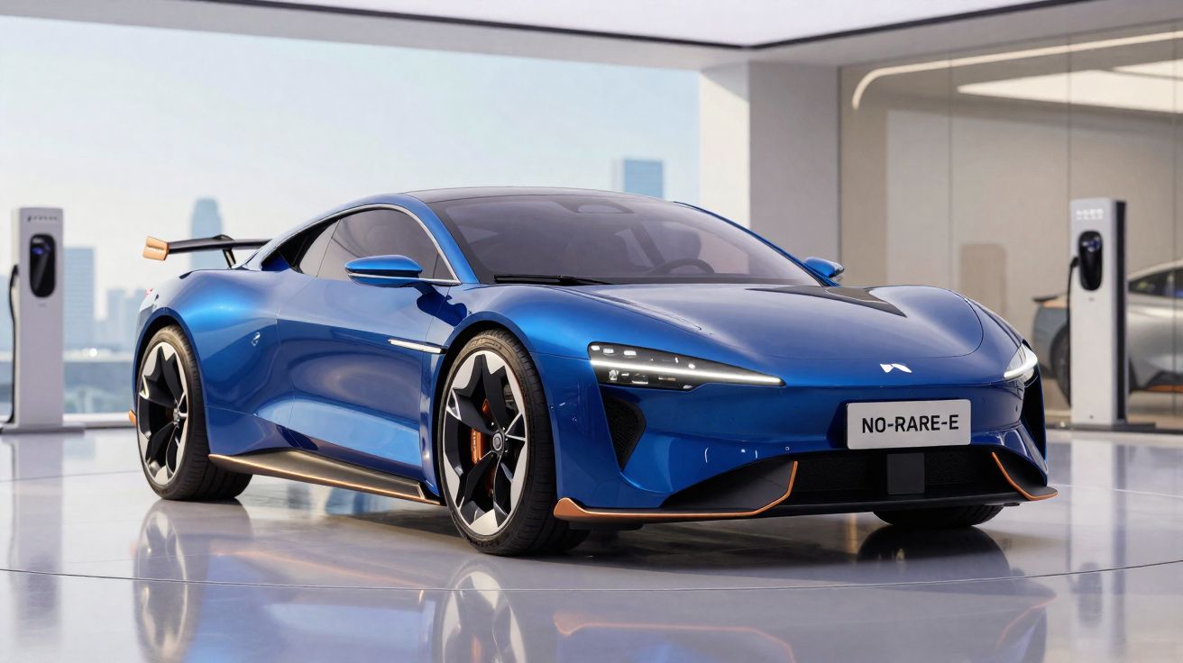 Carro esportivo elétrico azul com detalhes em cobre em ambiente moderno com carregadores elétricos ao fundo.