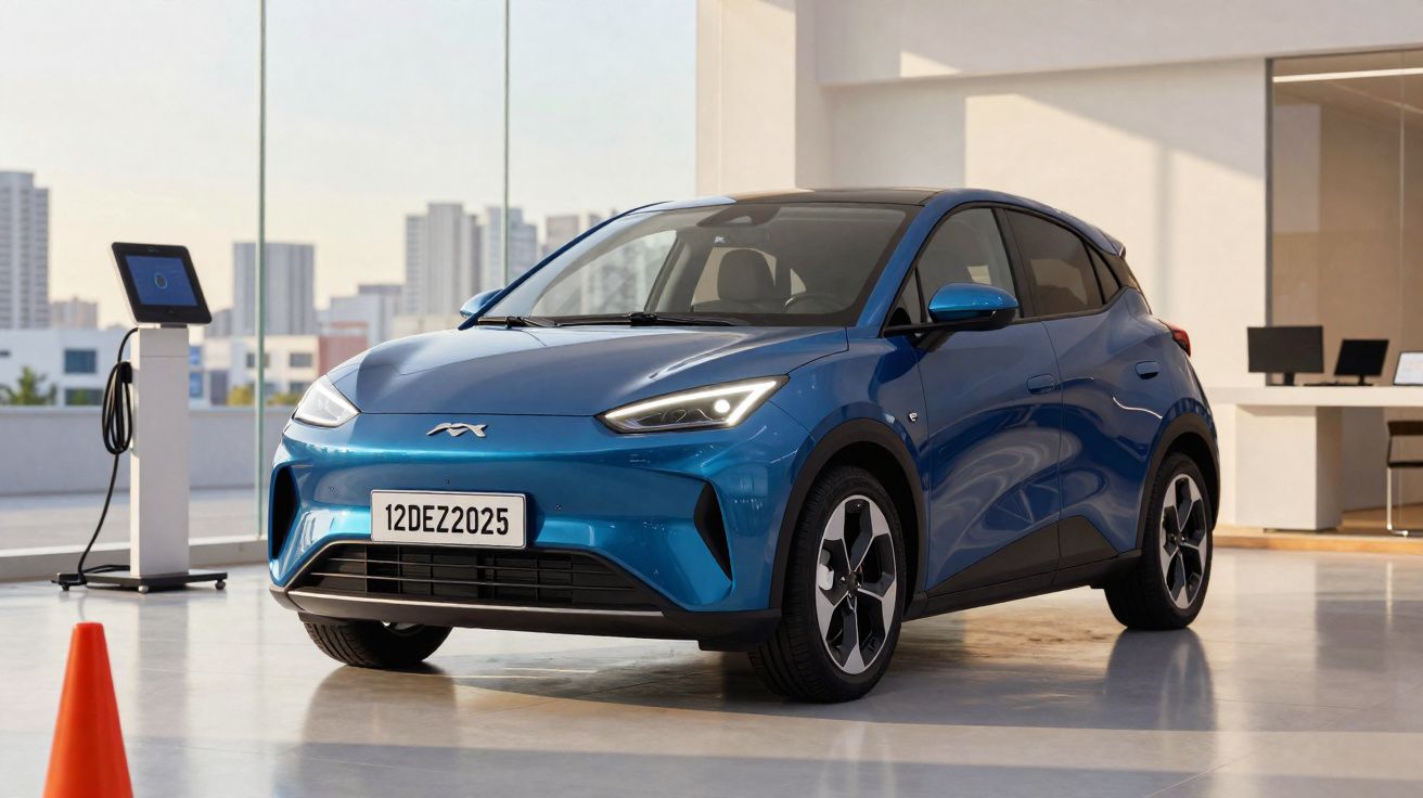 Carro elétrico azul, moderno, estacionado em ambiente interno com estação de carregamento ao lado.