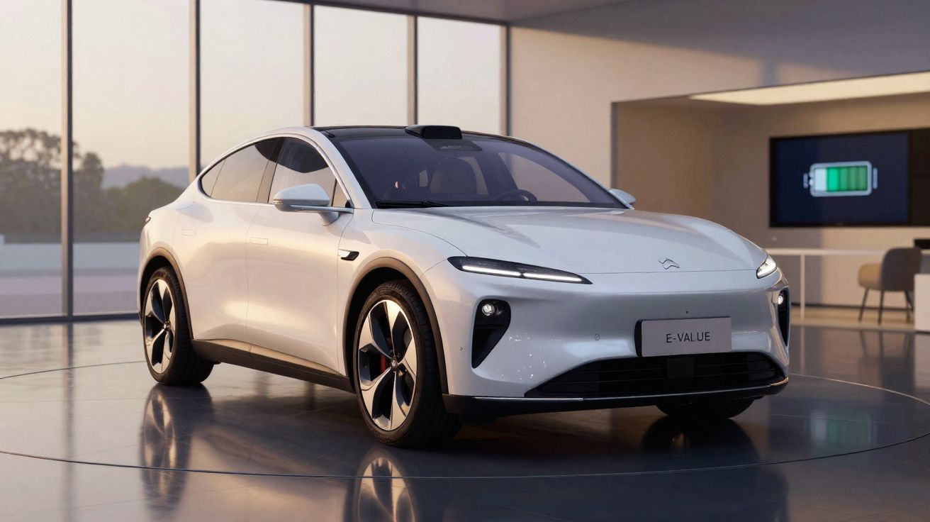 Carro elétrico branco futurista estacionado em ambiente interno com grande janela e bateria carregando.