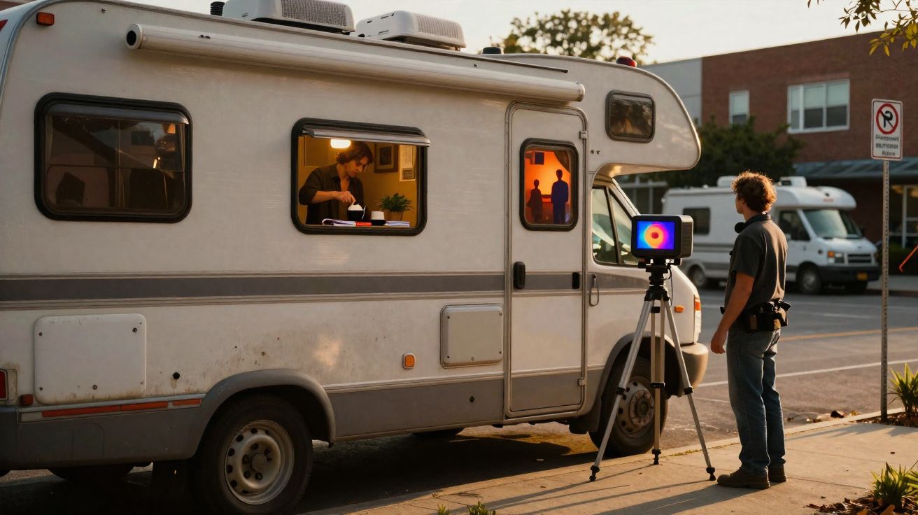 Veículo recreativo estacionado com pessoa assistindo a tela em tripé e alguém dentro do RV preparando comida.