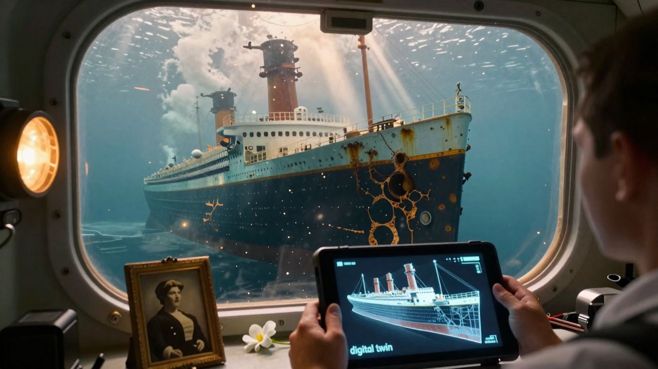 Interior de submarino com homem observando naufrágio de navio antigo via janela e tablet digital.