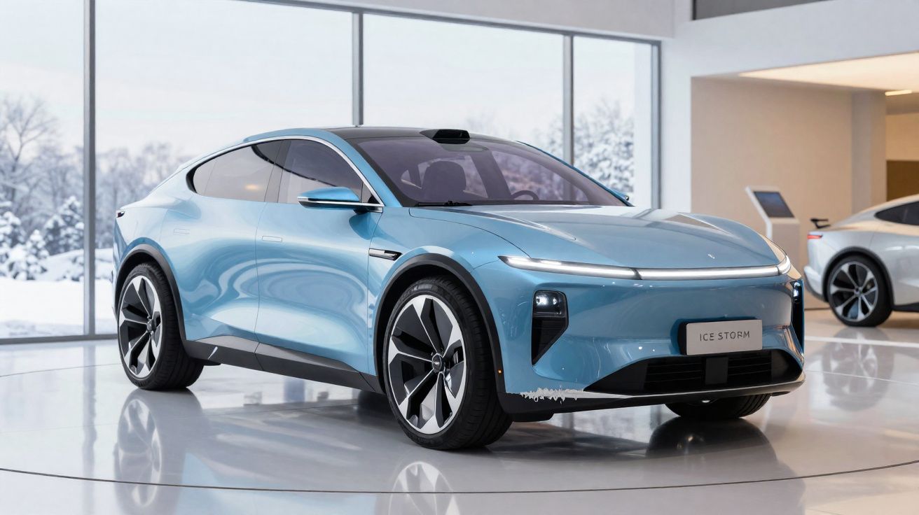 Carro elétrico azul claro modelo Ice Storm em showroom com fundo de janela e neve do lado de fora.
