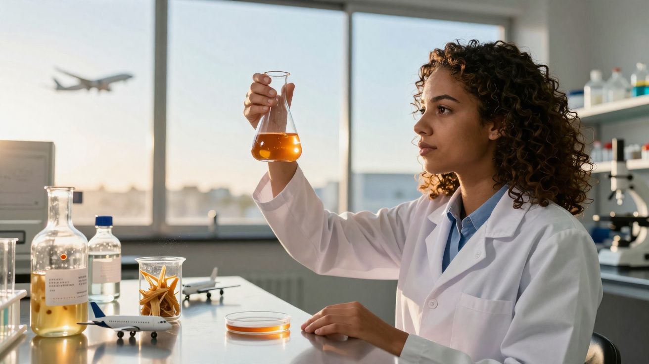 Mulher cientista em jaleco branco examinando líquido laranja em laboratório com avião ao fundo.