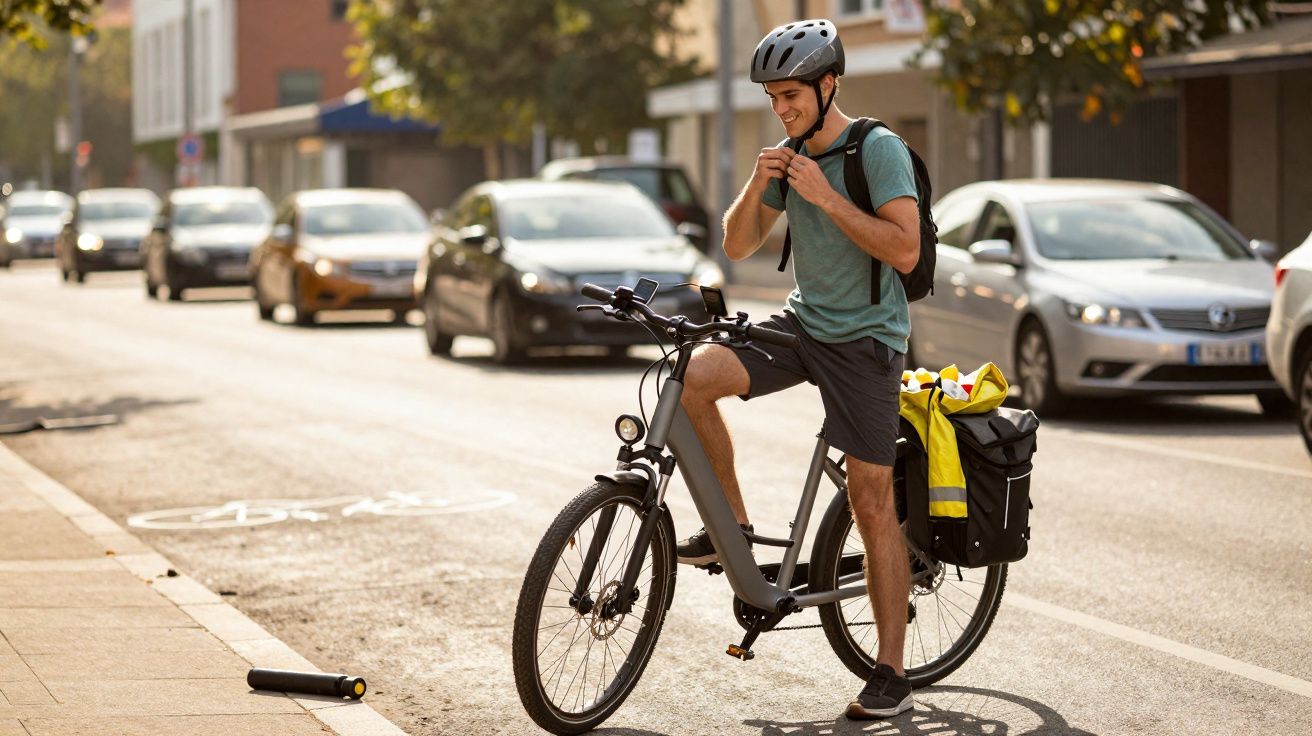 Homem com capacete ajusta a mochila enquanto para com bicicleta em ciclovia numa rua movimentada.