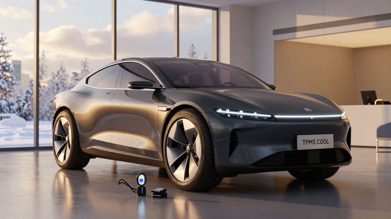 Carro elétrico moderno cinza, com rodas grandes, em ambiente interno com janelas amplas e neve vista do lado de fora.